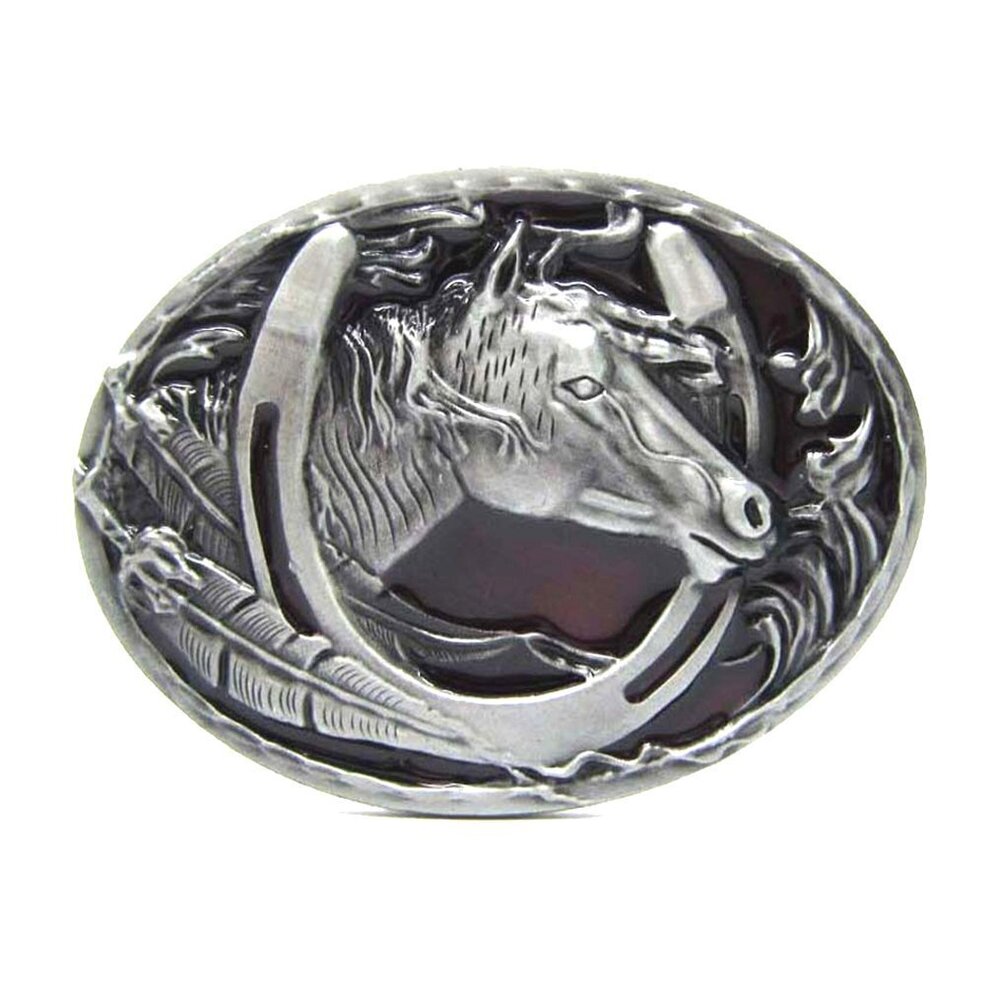 4310 Equestrian Horseshoe Horse Head Embossed Belt Buckle Oval